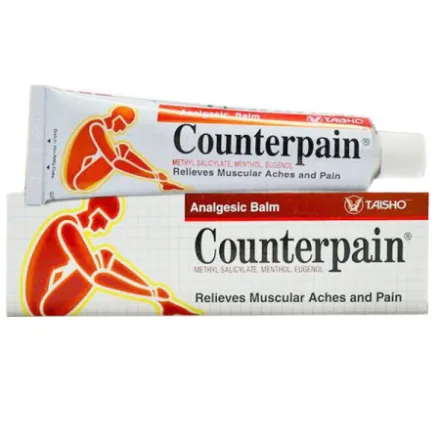 Counterpain Analgesic Balm — silberne Salbentube und rot-weiße Verpackung des japanischen Herstellers Taisho