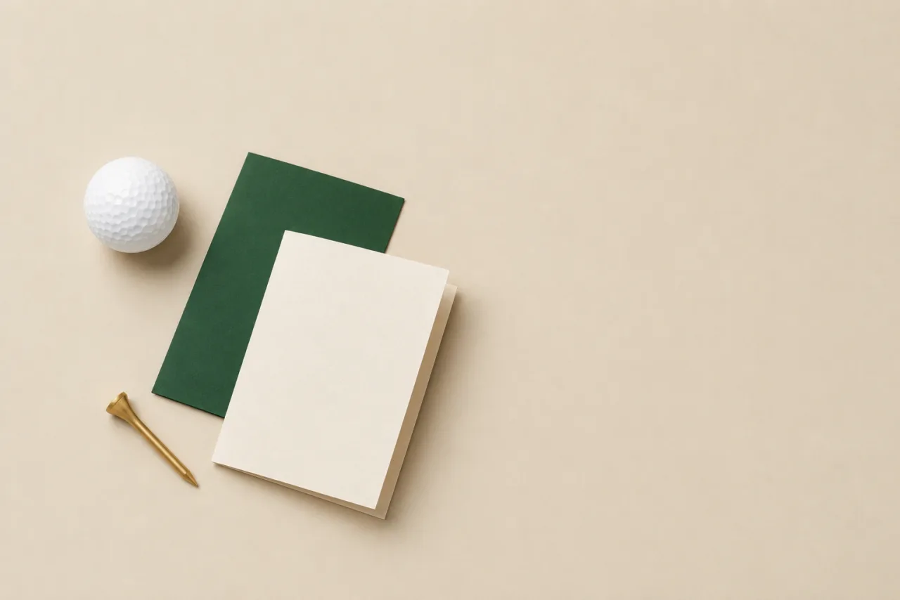Stillleben von oben: ein weißer Golfball, ein goldfarbenes Tee und zwei leere, übereinanderliegende Karten in Creme und Dunkelgrün auf hellem Hintergrund — schlicht, in den Farben des Clubs.