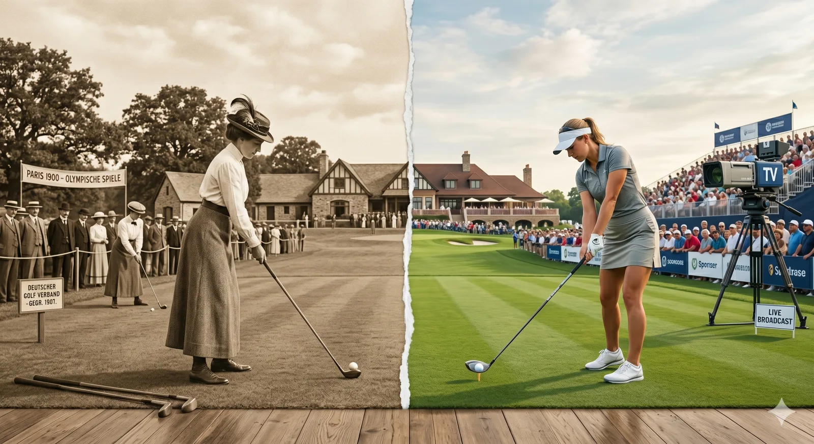 KI-generiertes Split-Screen-Bild: links eine Golferin um 1900 in edwardianischer Kleidung mit Federhut vor einer Zuschauerkulisse, rechts eine moderne Profigolferin mit Driver, Visor und Handschuh, daneben eine TV-Kamera und Werbebanden.