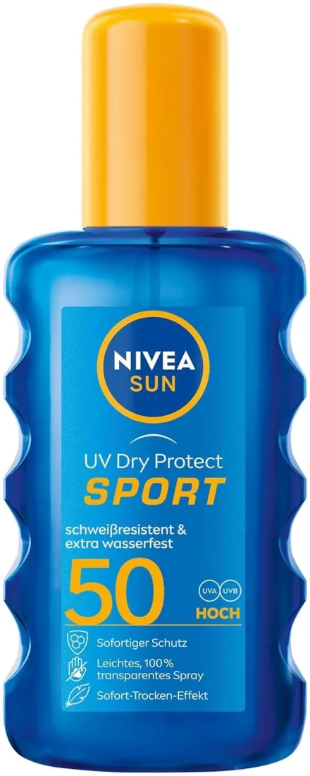 NIVEA Sun UV Dry Protect Sport Sonnenspray, blaue 200-ml-Flasche mit oranger Sprühkappe, LSF 50, schweißresistent und extra wasserfest