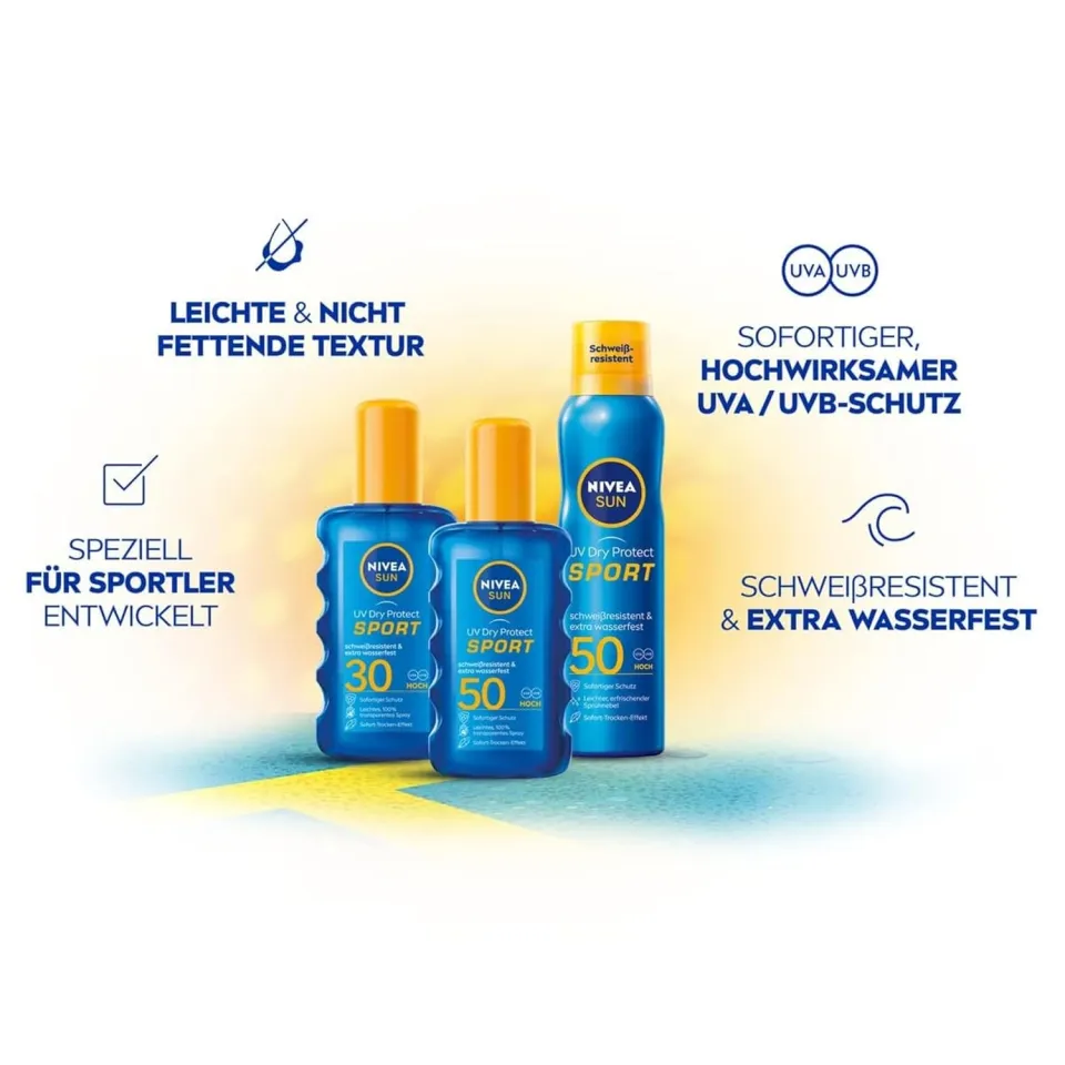 Übersicht der NIVEA-Sun-UV-Dry-Protect-Sport-Produktreihe mit den Merkmalen: leichte, nicht fettende Textur, speziell für Sportler entwickelt, sofortiger hochwirksamer UVA/UVB-Schutz, schweißresistent und extra wasserfest