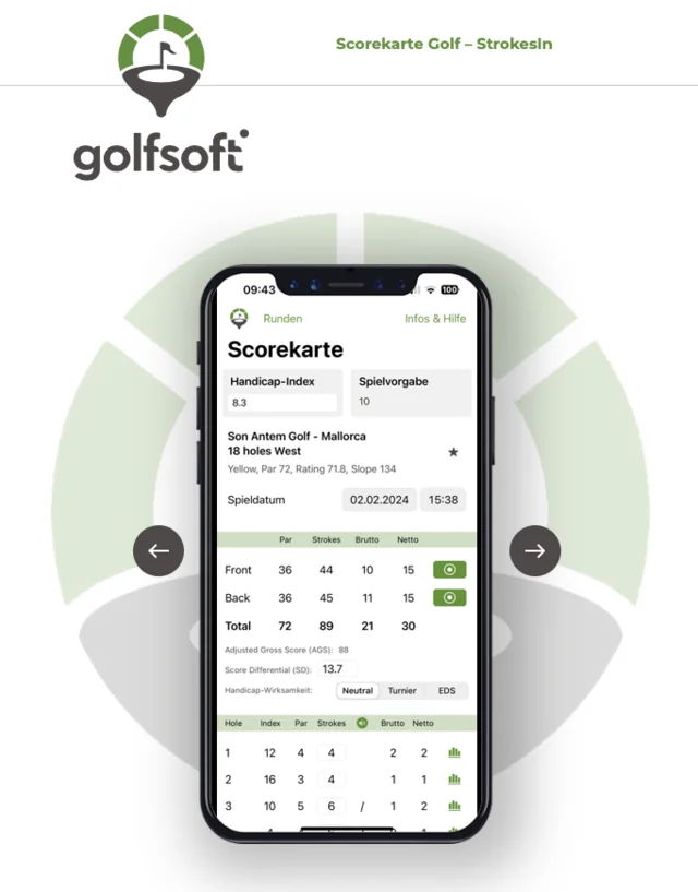 StrokesIn Scorekarte-Ansicht auf dem iPhone — Handicap-Index, Spielvorgabe, Platzinfos und Loch-für-Loch-Ergebnisse mit Par, Strokes, Brutto und Netto