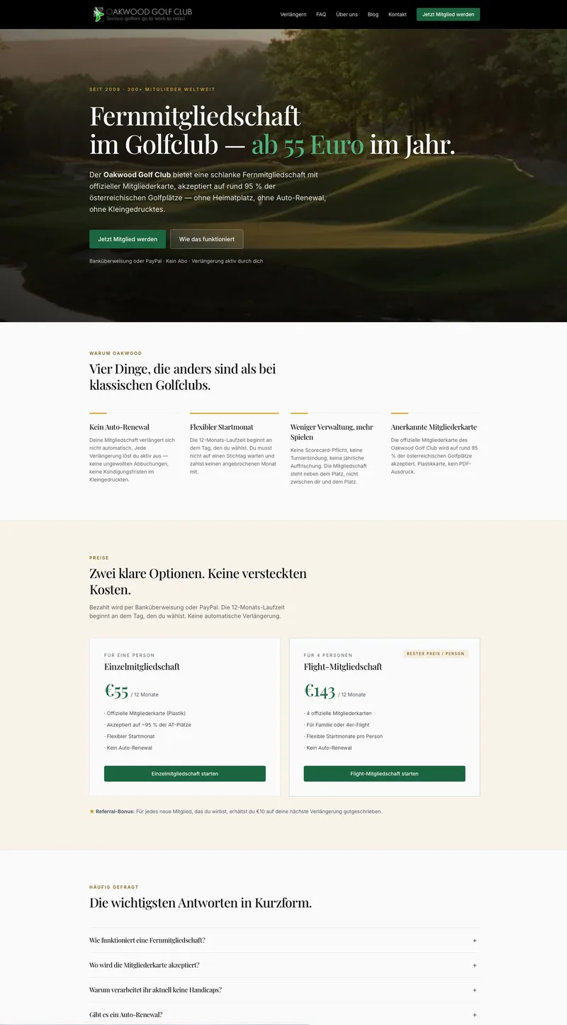 Screenshot der neuen Webseite: klare Typografie, großer Hero-Bereich mit Foto vom Fairway, Preisbox und prominente Call-to-Action — gebaut mobile-first